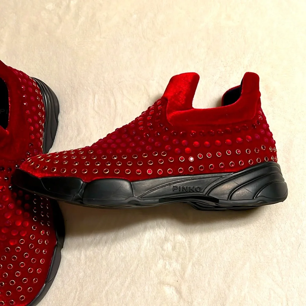 PINKO. Red Rhinestone and Studded High-Top Sneakers. NWOT. Size 39/8 Italy